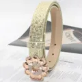 Rhinestone flower buckle belt detail, sparkling crystal studded design, fashion accessory close-up. - Gold / Length 105cm Width 2.3cm