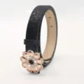 Stylish women's black glitter belt featuring a stunning rose gold rhinestone flower buckle for daily wear - Black / Length 105cm Width 2.3cm