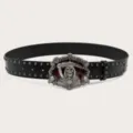 American retro punk style black leather belt with detailed skull grim reaper metal buckle - Black