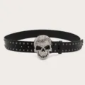 Black leather rhinestone skull belt detail view, edgy hip-hop style jeans belt accessory. - Length 105cm Width 3.8cm / Black