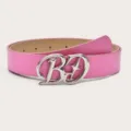 Trendy pink leather belt with silver letter buckle for women jeans and dresses fashion. - Pink