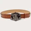 Punk style brown leather belt featuring a detailed metal skull Grim Reaper buckle and stud details. - Camel