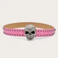 Pink studded leather belt featuring a dazzling rhinestone skull buckle for hip-hop style jeans. - Length 105cm Width 3.8cm / Pink