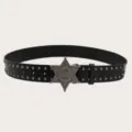 Detail shot of black leather punk belt featuring metal rivet studs and star sheriff buckle. - Black