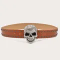 Rhinestone skull buckle studded brown leather belt for women men hip hop jeans accessory - Length 105cm Width 3.8cm / Camel