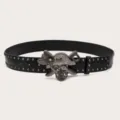 Punk rock style black leather belt with rhinestone pirate skull buckle and metal rivet studs. - Length 105cm Width 3.8cm / Black