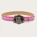 Pink punk leather belt with gothic skull buckle and metal rivets for unisex fashion. - Pink