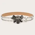 White leather belt with rhinestone pirate skull buckle and metal rivets for women rock style - Length 105cm Width 3.8cm / White
