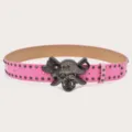 Pink studded belt featuring a rhinestone skull buckle, Y2K rock punk style, perfect waist accessory. - Length 105cm Width 3.8cm / Pink