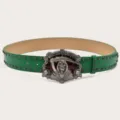 Punk style green leather belt with vintage metal skull buckle and double row rivets for men and women. - Green