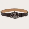 Vintage punk style leather belt with metal skull Grim Reaper buckle and rivets for men and women - Coffee