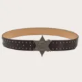 Detailed view of dark brown punk studded leather belt with star shaped sheriff buckle. - Coffee