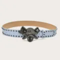 Rhinestone skull studded belt Y2K punk style light blue leather pants waist accessory - Length 105cm Width 3.8cm / Light Blue