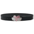 Y2K Rhinestone Heart Wing Belt Black Leather Waist Accessory for Jeans Dresses Trendy Style - Black