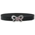 Close-up detail of the black leather belt featuring a sparkling rhinestone butterfly heart buckle. - Black / Length 105cm Width 3.8cm