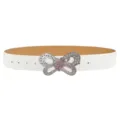 Trendy rhinestone heart butterfly buckle white leather belt for women stylish jeans dress. - White / Length 105cm Width 3.8cm