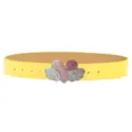 Close-up detail of the sparkling rhinestone heart wings belt buckle in bright yellow finish. - Yellow