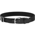 Elastic stretch belt detail shot with metal buckle and black woven design for sports. - Black