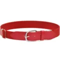 Red elastic belt detail shot, adjustable buckle and durable woven fabric material. - Red