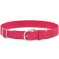 Vista dettagliata della cintura sportiva elastica rosa regolabile con fibbia in metallo argentato. - Rosso rosa