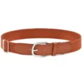 Detailed view of the brown elastic belt featuring leather buckle and silver hardware. - Camel