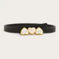 Women's black thin leather belt with triple gold heart pearl buckle for dress fashion. - Black