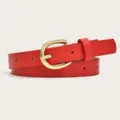 Red women's leather belt with gold buckle, slim design for jeans and trousers, stylish. - Red (Gold Buckle)