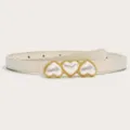 White thin leather dress belt featuring a charming triple heart pearl gold-trimmed buckle. - White