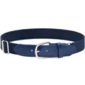 Dark blue elastic sports belt with adjustable metal buckle and faux leather detail view. - Dark Blue