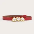 Red thin waist belt for women, stylish elegant gold-rimmed triple pearl heart buckle accessory. - Red