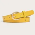 Women's yellow thin leather belt with gold metal buckle, stylish minimalist waist accessory. - Yellow (Gold Buckle)