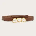 Brown thin waist belt featuring triple heart pearl buckle stylish dress accessory for women - Camel