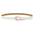 Women white thin belt with gold pin buckle, stylish minimalist leather belt for dress jeans. - White