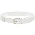 White elastic woven belt with PU leather ends and silver metal buckle for adjustable wear - White