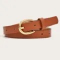 Women brown thin leather belt with gold metal buckle casual waist belt for jeans pants. - Khaki (Gold Buckle)