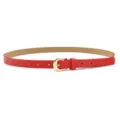 Red women leather belt with gold pin metal buckle, chic slim strap for dresses. - Red