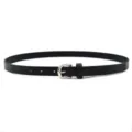 Minimalist women black PU leather belt detail view, elegant silver buckle, slim adjustable waist. - Black (Silver Buckle)