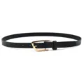Women's slim black leather belt with gold geometric buckle casual waist belt for jeans dress - Black