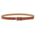 Close-up of brown PU leather belt with silver metal buckle, slim design for women jeans. - Khaki (Silver Buckle)