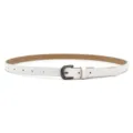 White PU leather slim belt detail view showcasing the dark metal buckle and smooth strap finish. - White (Black Buckle)