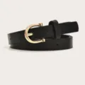 Women black PU leather belt with gold horseshoe buckle casual dress coat waist belt accessory - Black (Gold Buckle)