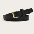 Simple women's black thin leather belt with gold pin buckle, 1.4cm width for skirts. - Black (Gold Buckle)