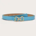 Women's blue leather belt with gold heart buckle stylish casual jeans dress accessory - Light Blue