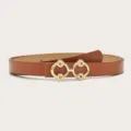 Brown women leather belt with gold double circle buckle, stylish variant for jeans and coats. - Camel