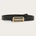 Elegant black leather belt for women with a stylish gold-tone rhinestone buckle. - Black