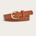 Women brown PU leather thin belt with gold buckle dress sweater waist belt variant - Khaki (Gold Buckle)