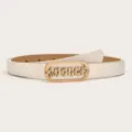 Elegant women's white thin belt featuring a stylish gold rhinestone buckle accessory. - White