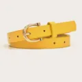 Yellow PU leather thin belt for women, elegant gold-tone metal buckle, stylish dress accessory. - Yellow (Gold Buckle)