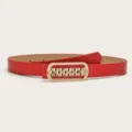Elegant red women skinny belt with gold rhinestone decorative buckle for dresses and pants. - Red