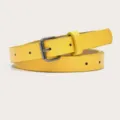 Yellow women thin leather belt with metal pin buckle, stylish dress accessory for daily wear. - Yellow (Black Buckle)